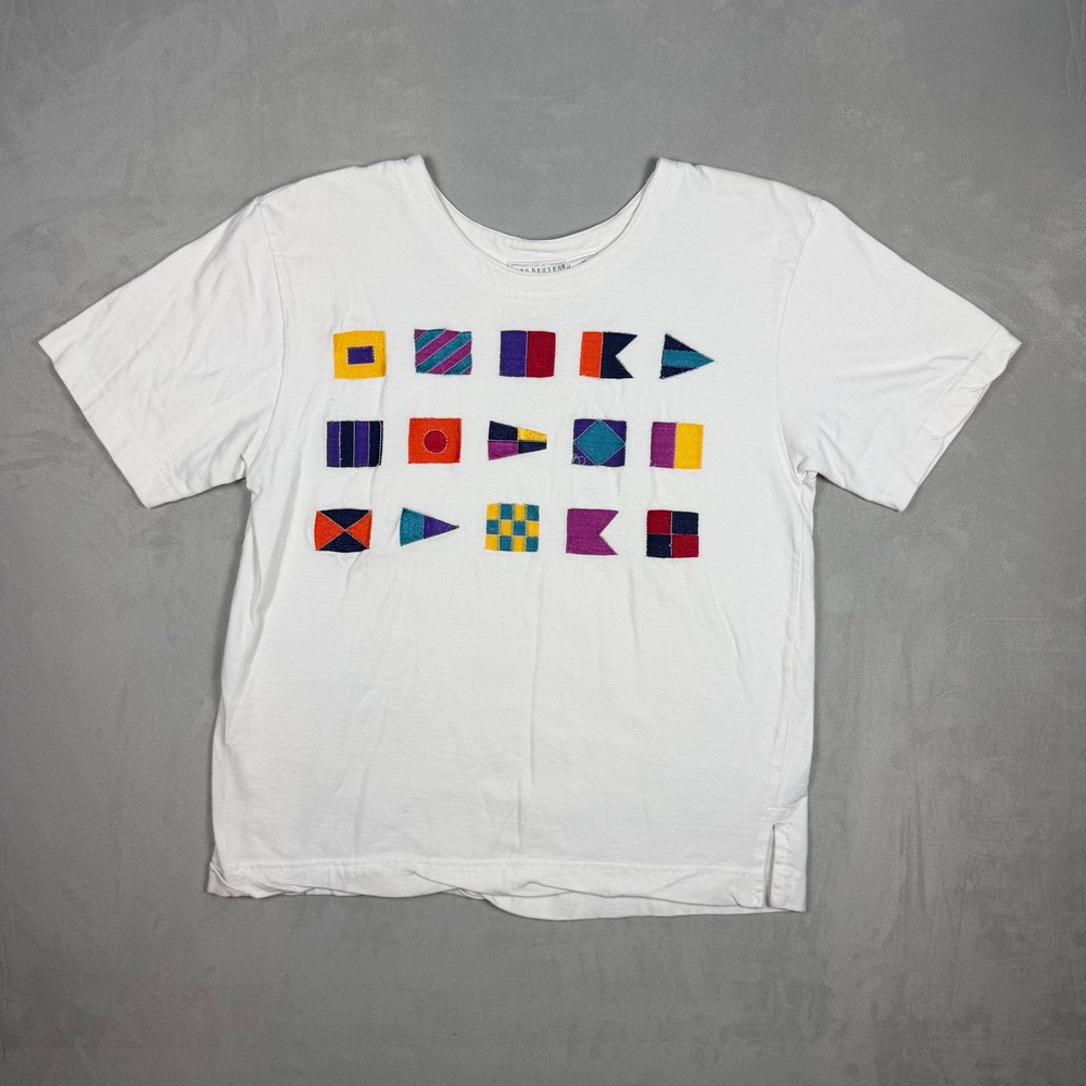 90s Womens Van Heusen Nautical Signal Flag Embroidered T-Shirt Medium